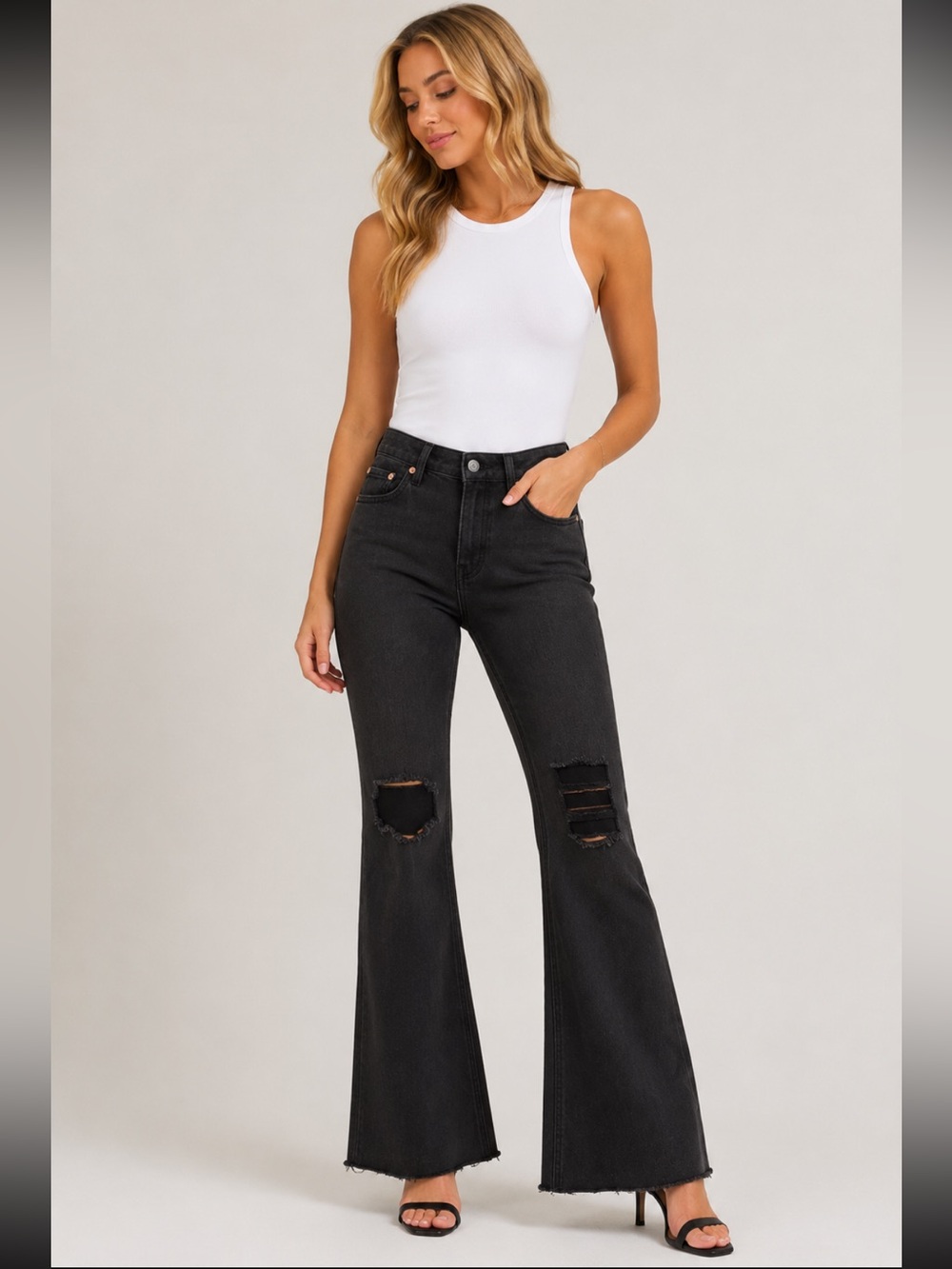 Avec Les Filles Black Distressed Flare Jeans Size 30 NWT High Rise Stretch Denim